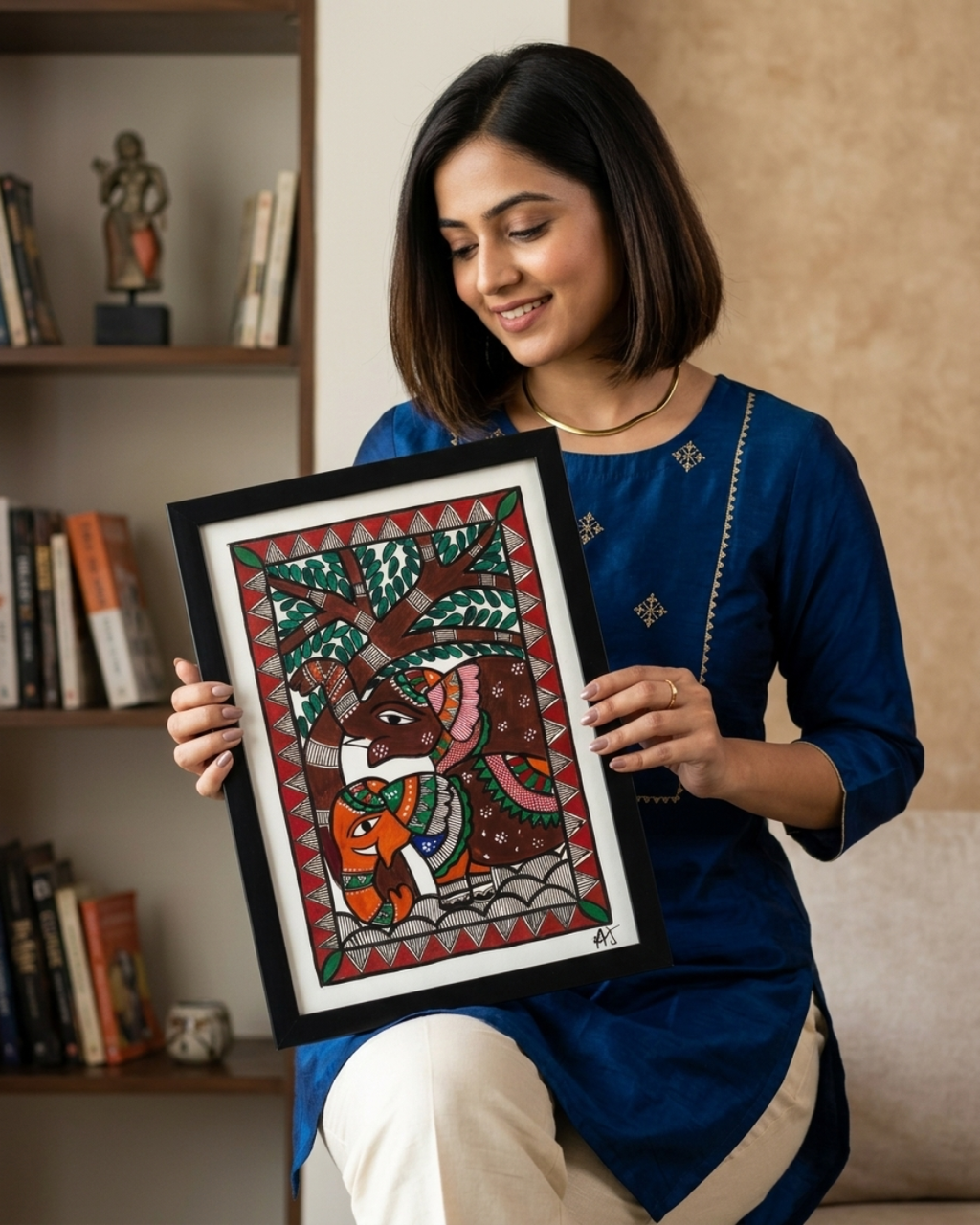 Elephant Madhubani Painting Framed A4 – Wall Art Decor