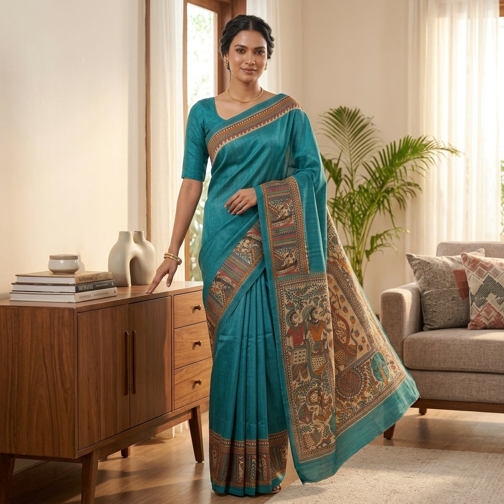 Traditional Bright Blue Handmade Madhubani Painting Saree with Blouse