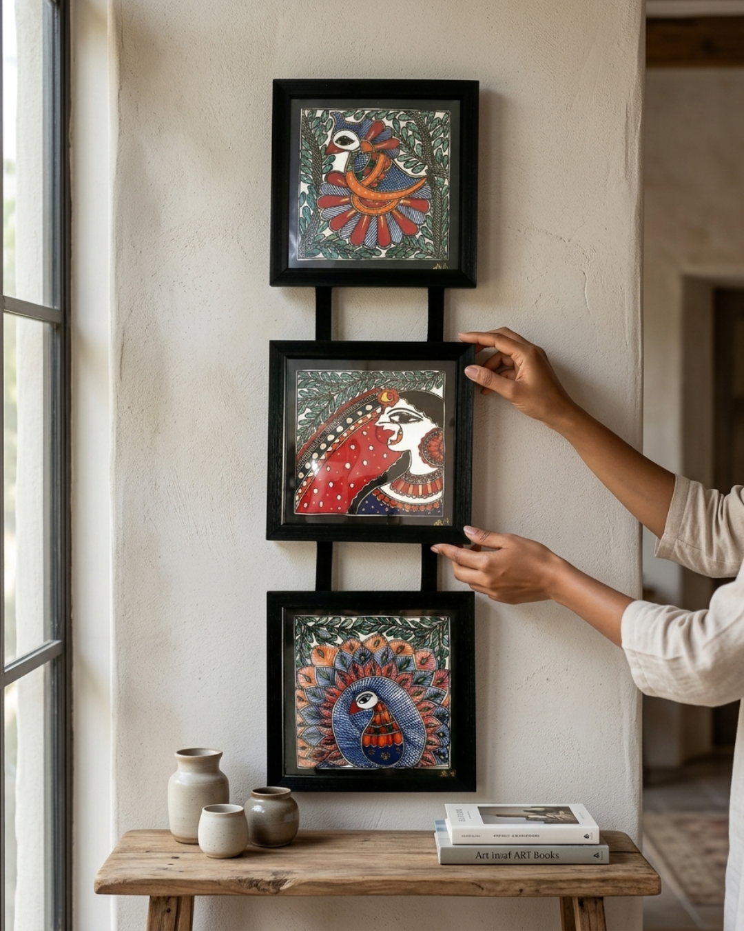 Peacock & Woman Madhubani Painting Triple Frame (7x8 Inch) | Wall Hanging Decor