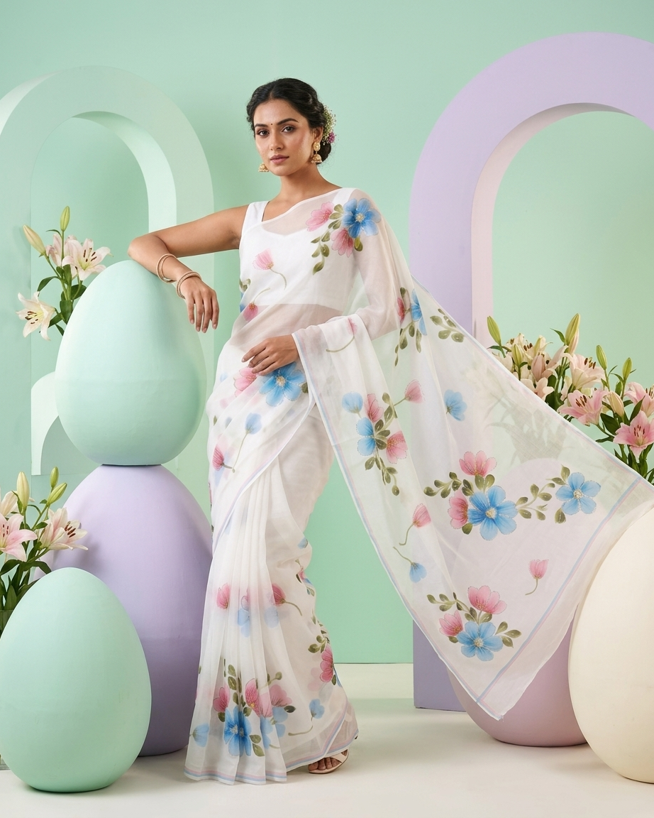 White Floral Handmade Madhubani Painting Saree with Blouse
