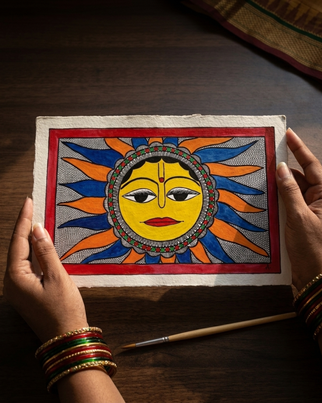 Sun Madhubani Painting on Handmade Paper (14x22 Inch) – Traditional Mithila Folk Art Wall Decor