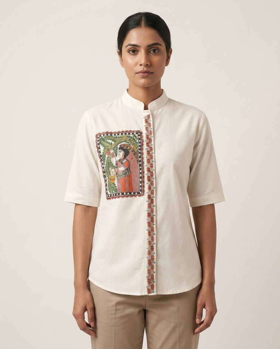 Women’s Madhubani Painting Shirt – (Size L) | Handcrafted Ethnic Designer