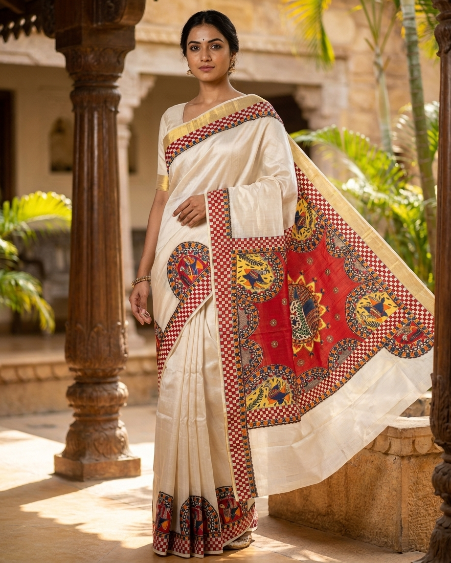 Handmade Madhubani Painting Kerala Cotton Saree with Blouse | Ethnic Saree