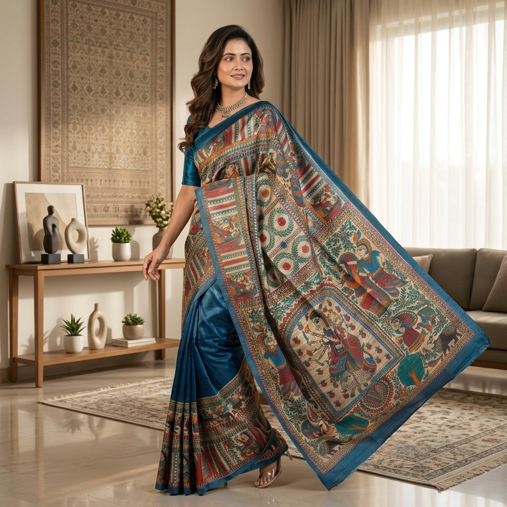 Blue Handmade Madhubani Painting  Saree with Blouse