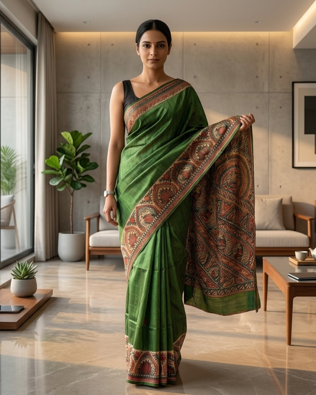 Green Handmade Madhubani Painting Saree with Blouse