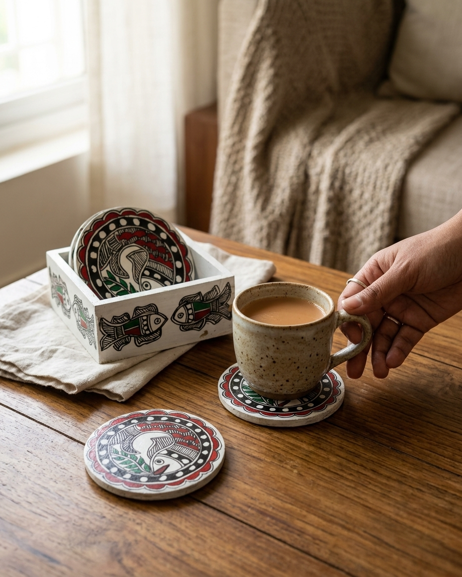 Handmade Fish Design Madhubani Coaster Set with Stand | Tea Coasters Set of 6