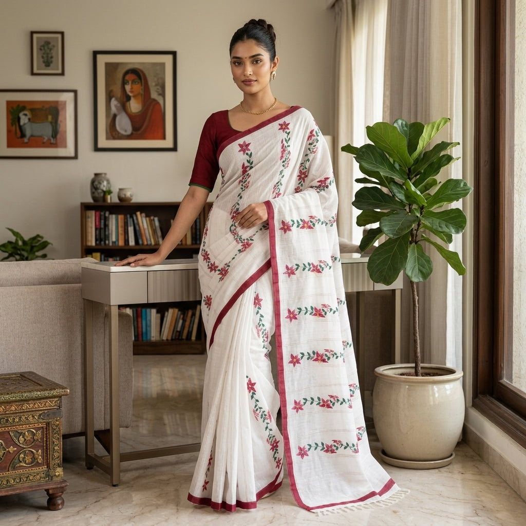 Red & White Floral Handmade Madhubani Painting Saree with Blouse