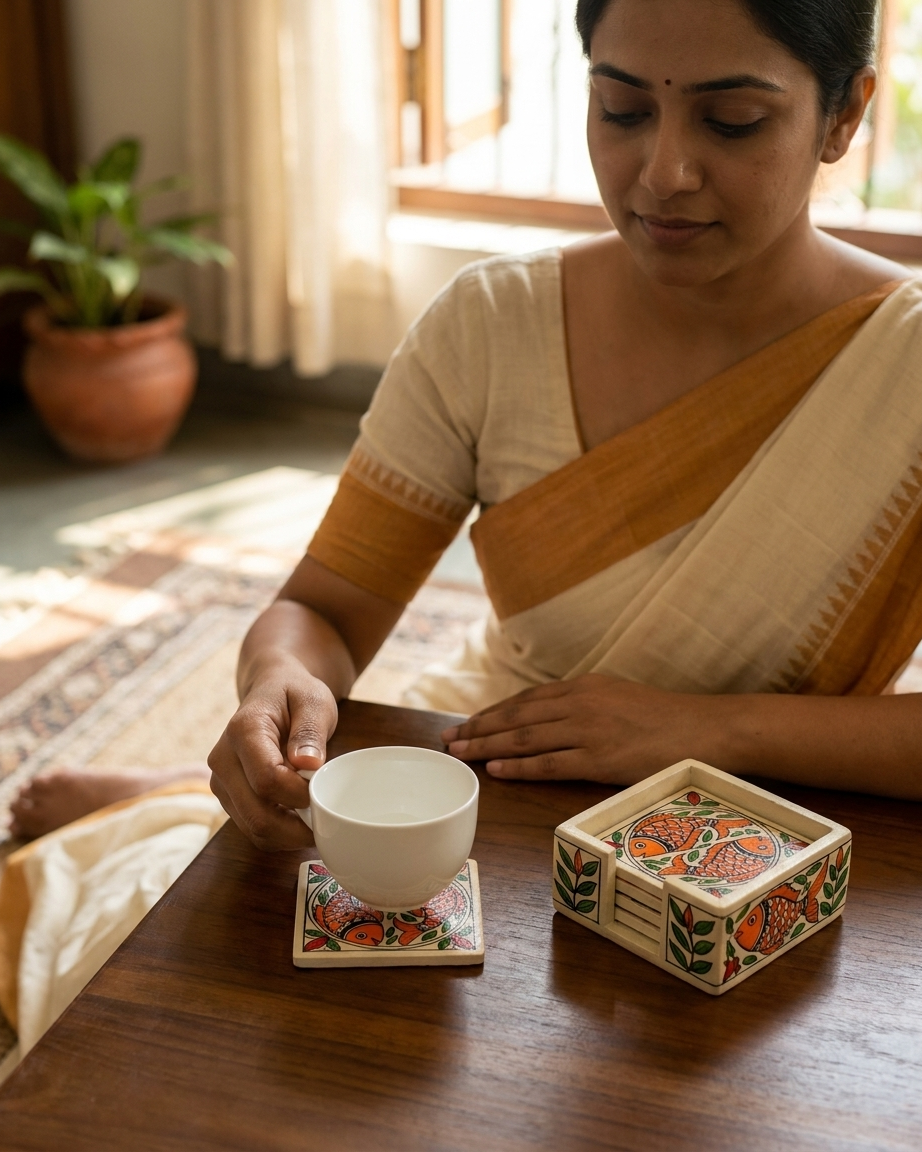 Handmade Fish Design Madhubani Coaster Set with Stand – MDF Board Decorative Tea Coasters (Set of 6)