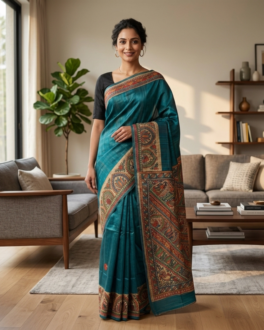 Blue Handmade Madhubani Painting  Saree with Blouse