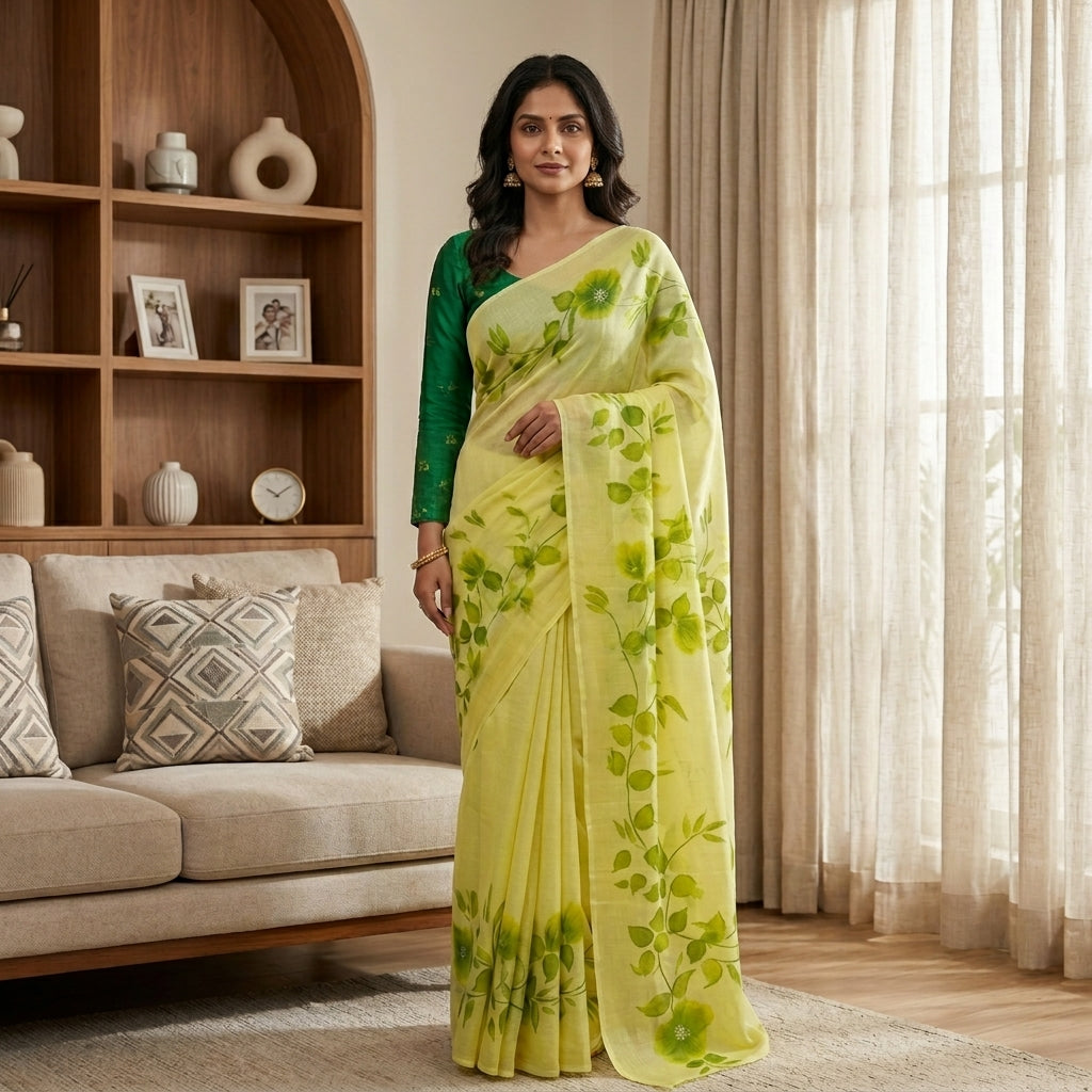 Light Green Floral Handmade Madhubani Painting Saree with Blouse – Handcrafted Mithila Art Saree for Women