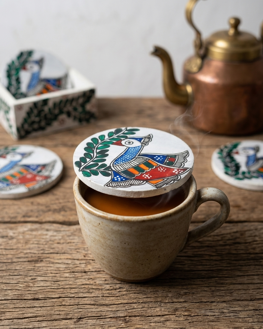 Handmade Peacock Design Coaster Set Madhubani Painting with Stand | Set of 6 Tea Coasters