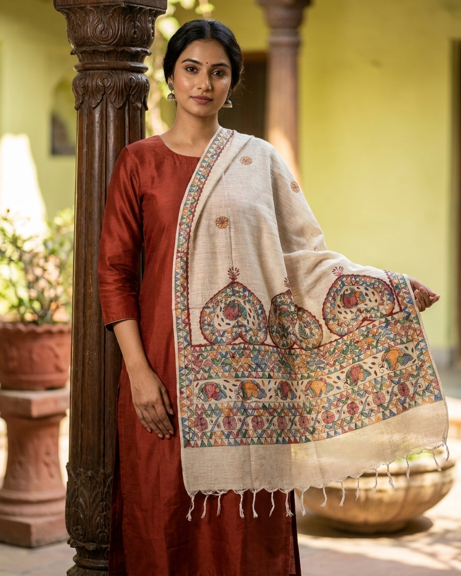 Handmade Madhubani Painting Dupatta for Women – Traditional Ethnic Handcrafted