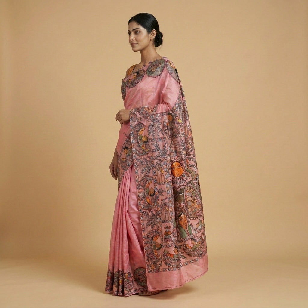 Baby Pink Handmade Madhubani Painting Saree with Blouse