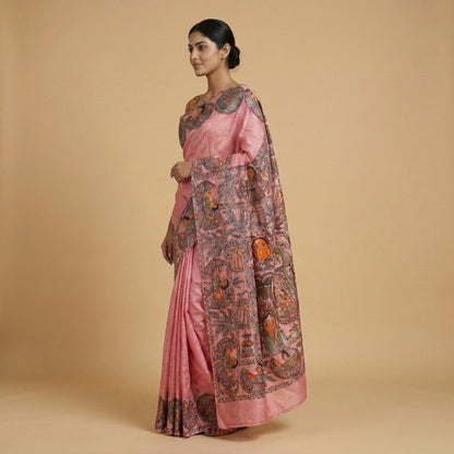 Baby Pink Handmade Madhubani Painting Saree with Blouse