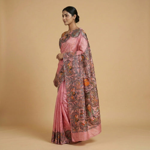 Baby Pink Handmade Madhubani Painting Saree with Blouse