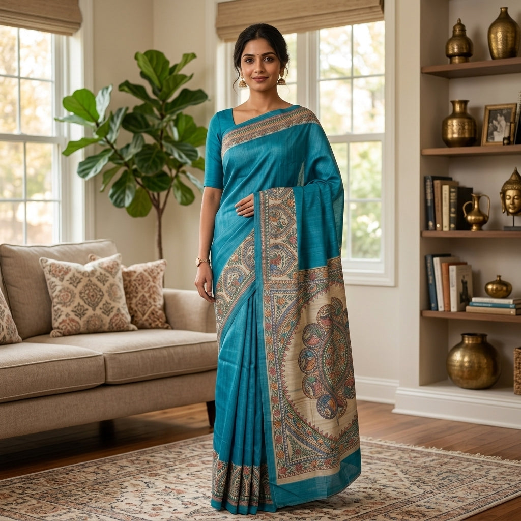Bright Blue Handmade Madhubani Painting Saree with Blouse
