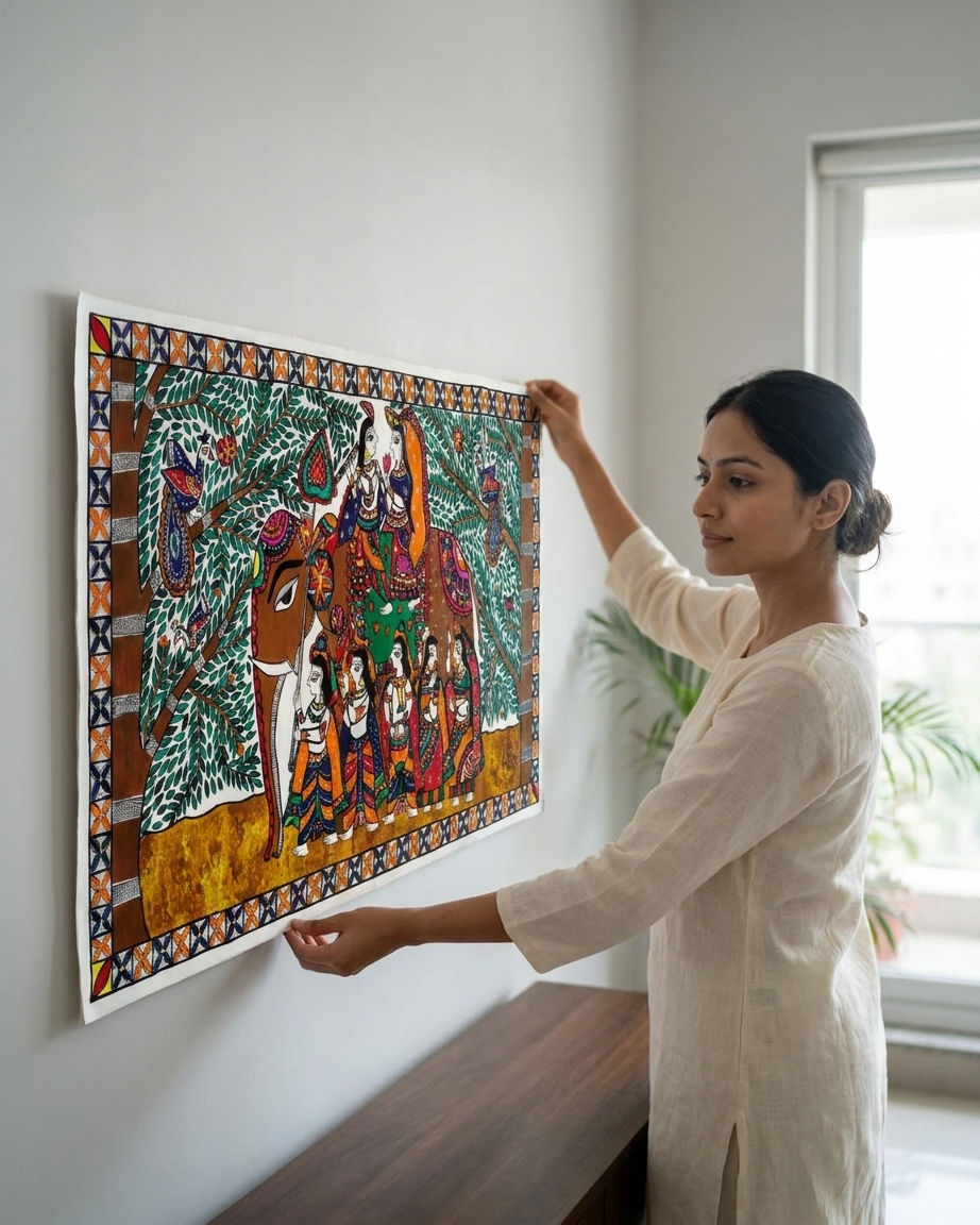 Dwarikadhish Madhubani Painting Canvas Wall Art Without Frame