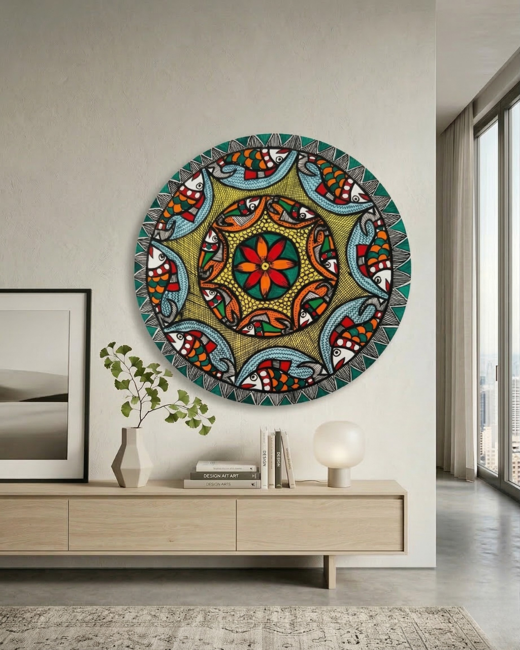 Fish & Lotus Mandala Madhubani Wall Art | 12 Inch MDF Board