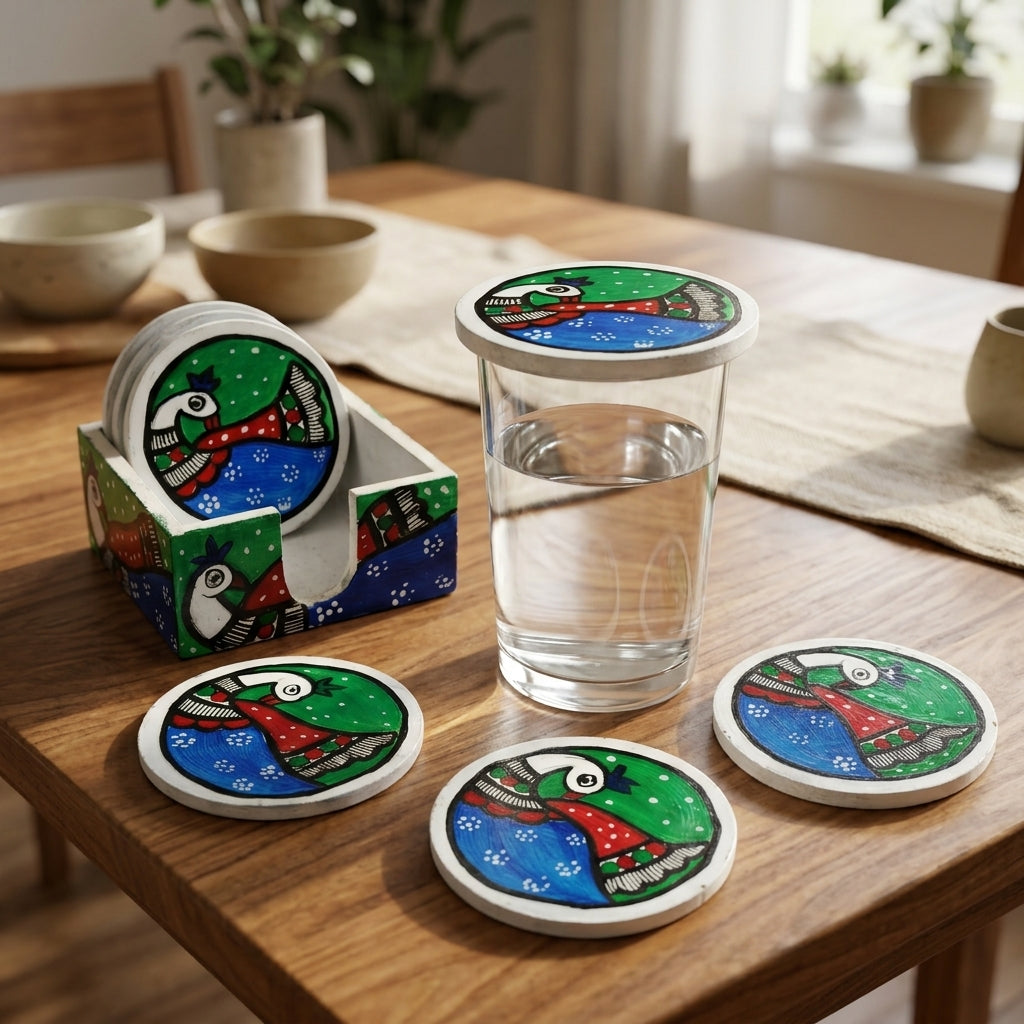 Handmade Peacock Design Coaster Set with Stand | Madhubani Painting Tea Coasters Set of 6