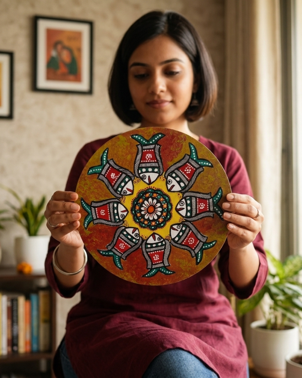 Fish Madhubani Wall Art on MDF Board – Handmade Mithila Painting for Home Decor