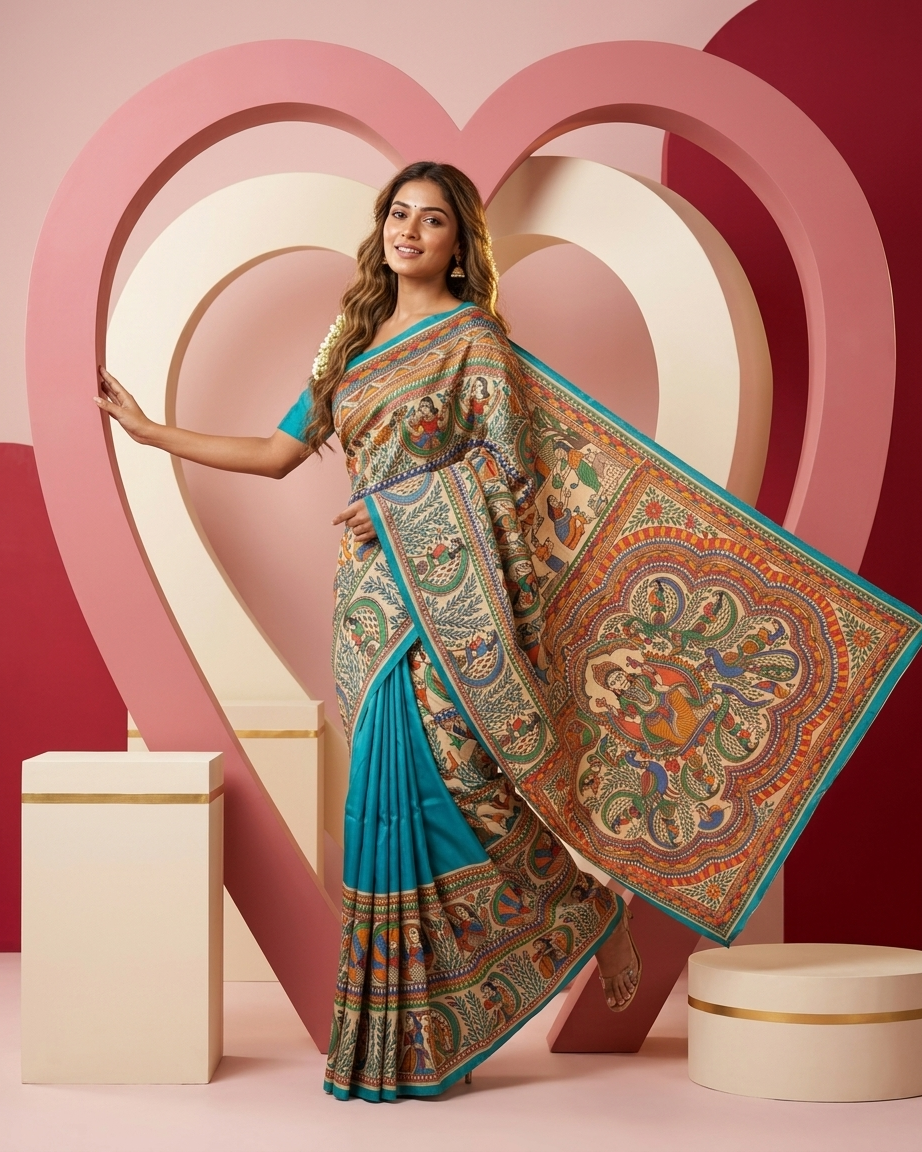 Bright Blue Handmade Madhubani Painting  Saree with Blouse