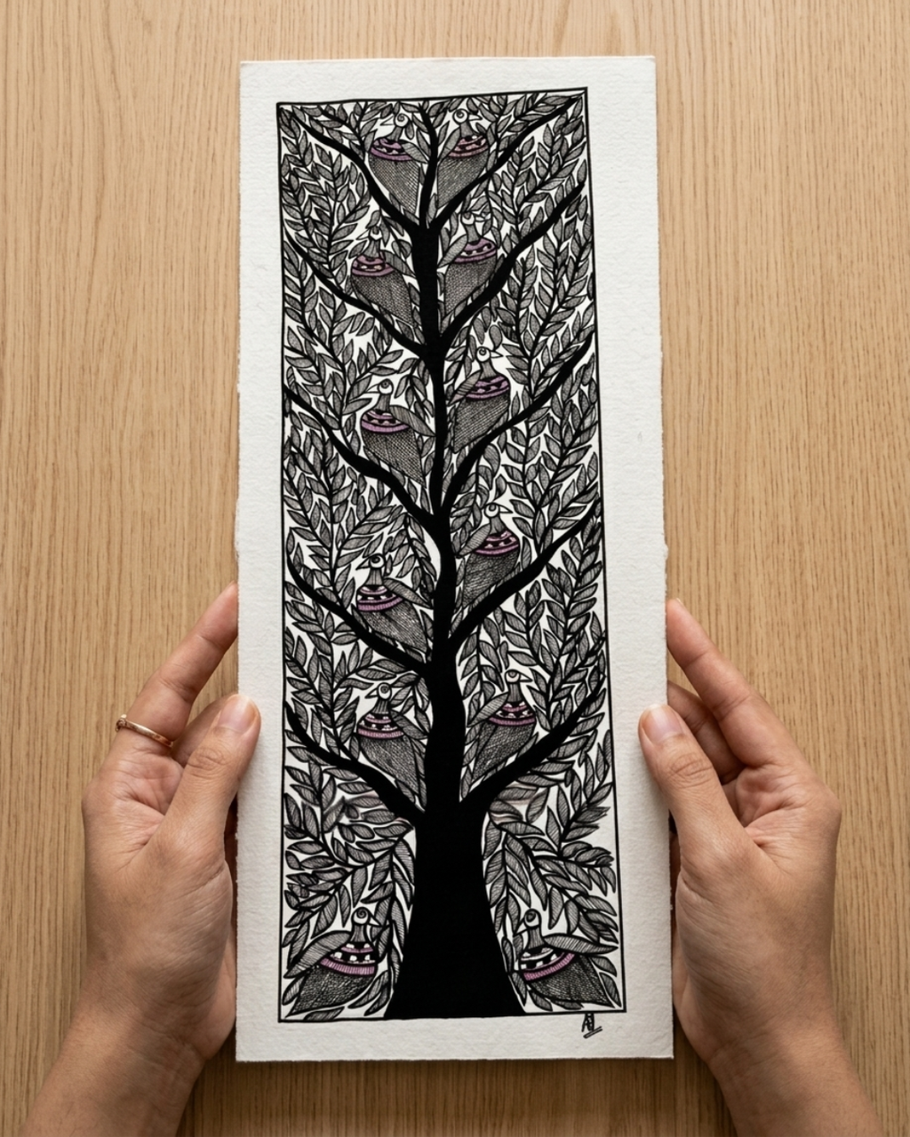 Black & White Tree of Life Madhubani Painting | Handmade Art