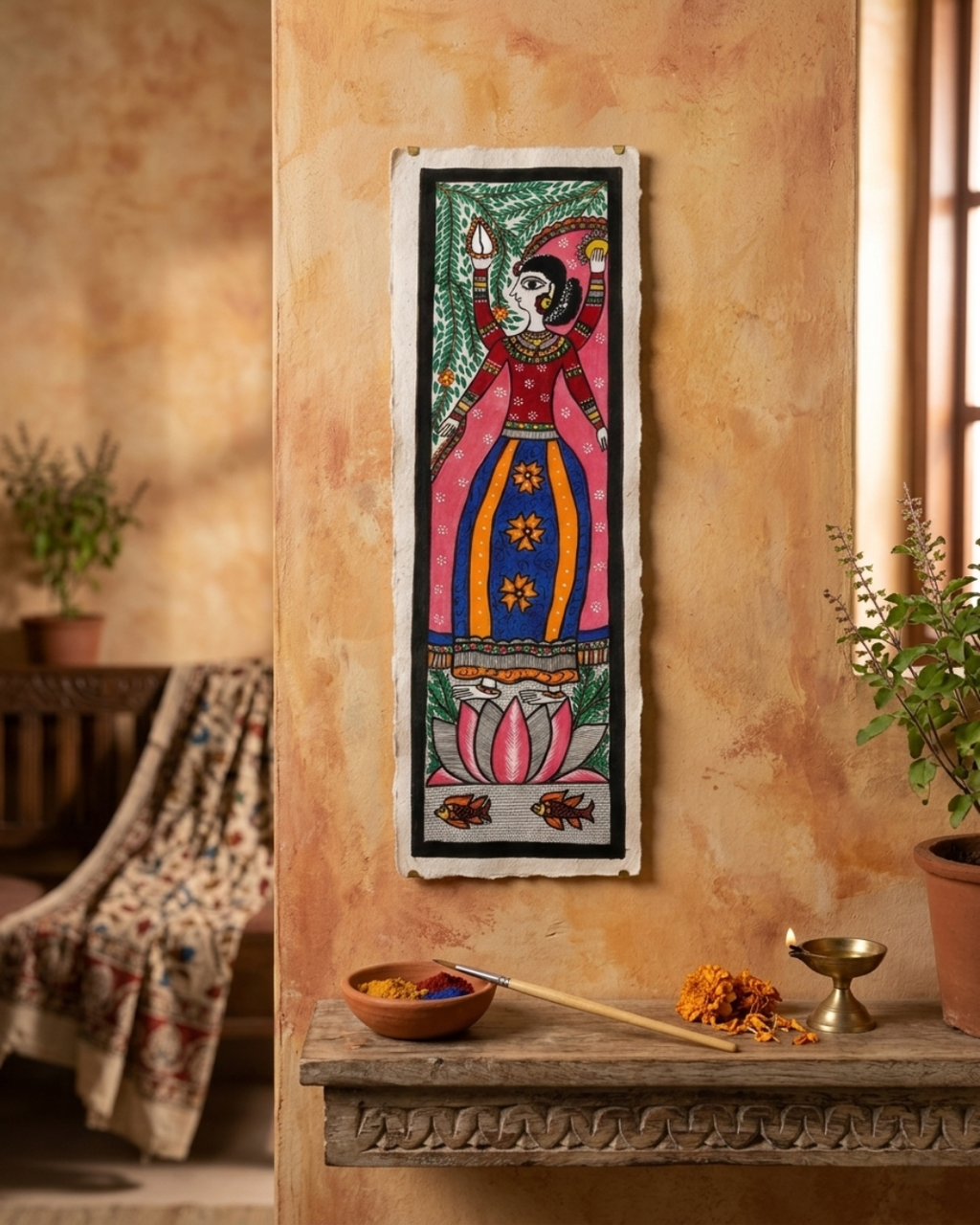 Mata Laxmi Madhubani Painting on Handmade Paper (10x30 Inch) – Traditional Mithila Folk Art Wall Decor