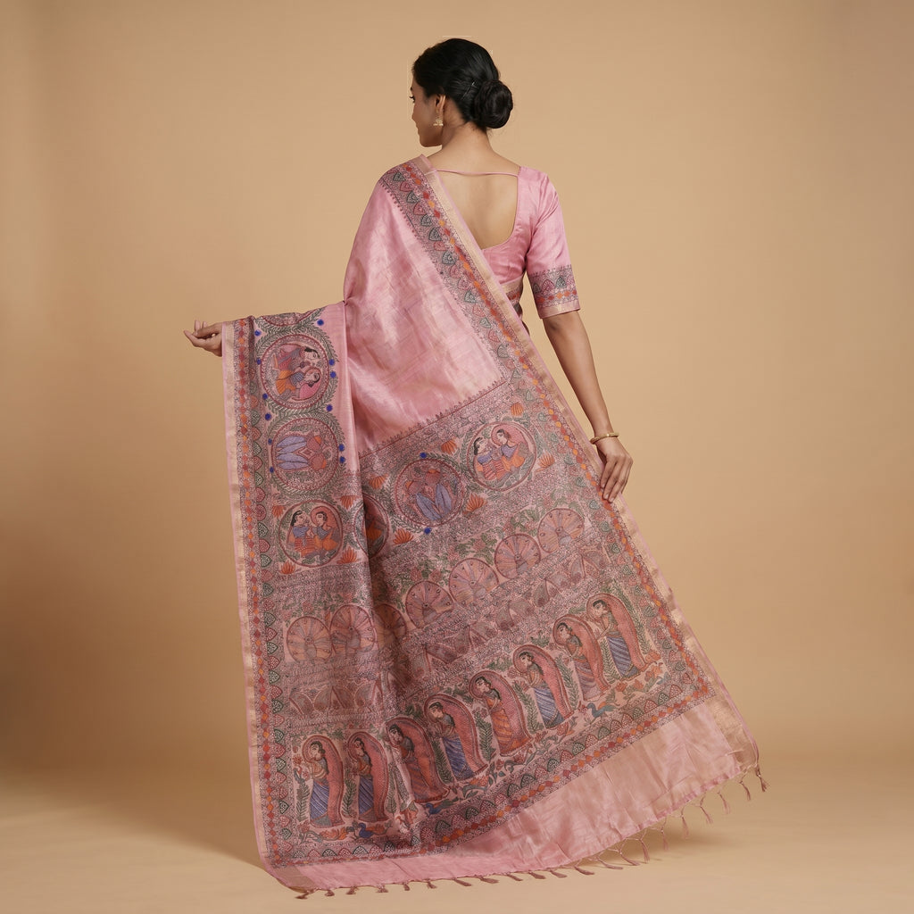 Baby Pink Handmade Madhubani Painting Saree with Blouse