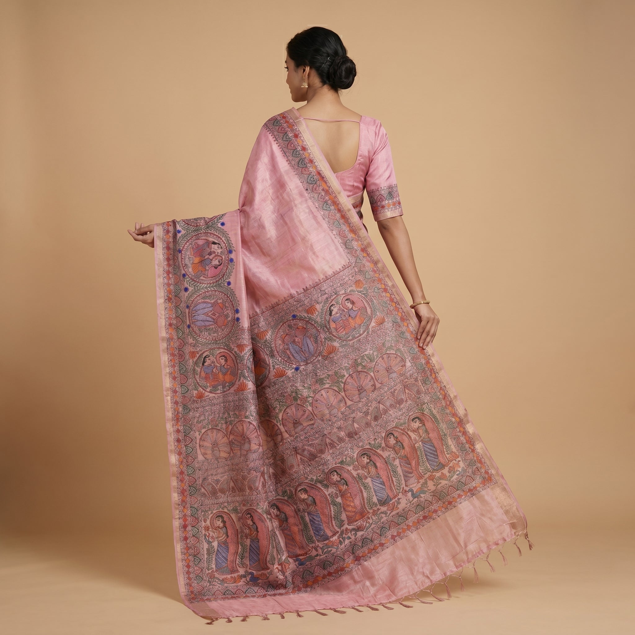 Baby Pink Handmade Madhubani Painting Saree with Blouse