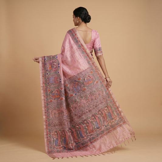 Baby Pink Handmade Madhubani Painting Saree with Blouse