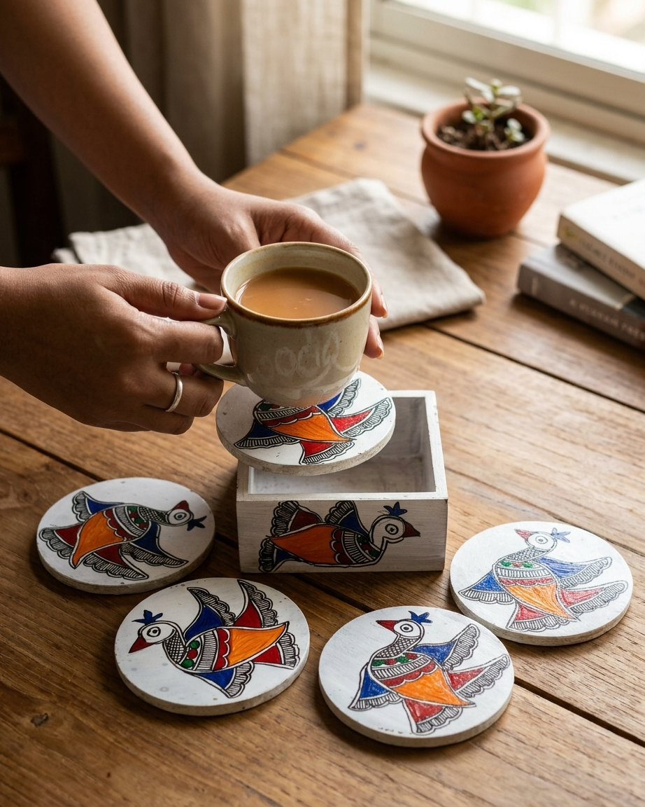 Handmade Peacock Design Madhubani Coaster Set with Stand | Tea Coasters Set of 6