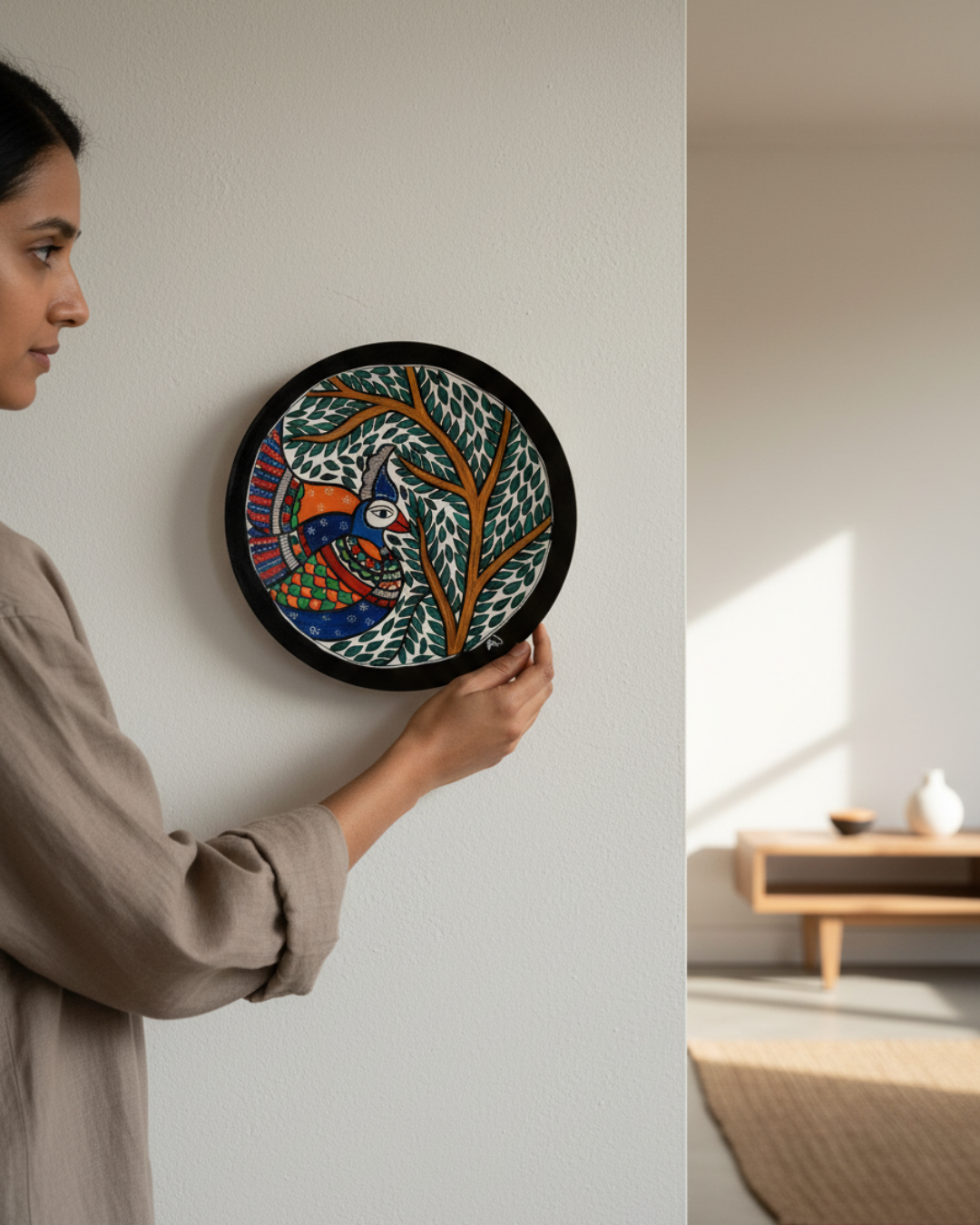 Peacock and Tree Madhubani Wall Art | 12 Inch MDF Board