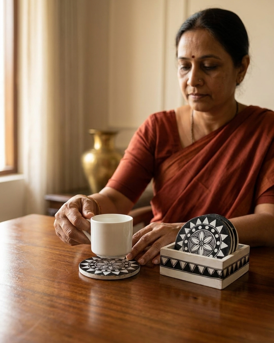 Handmade Rangoli Design Madhubani Coaster Set with Stand |  Tea Coasters (Set of 6)