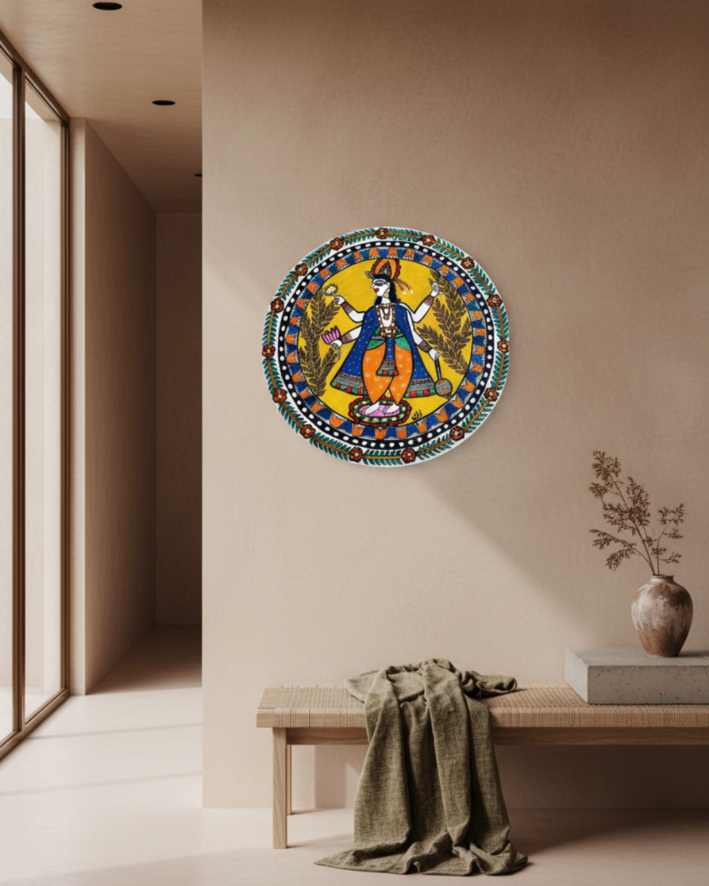 Vishnu ji Madhubani Wall Art | 14 Inch MDF Board