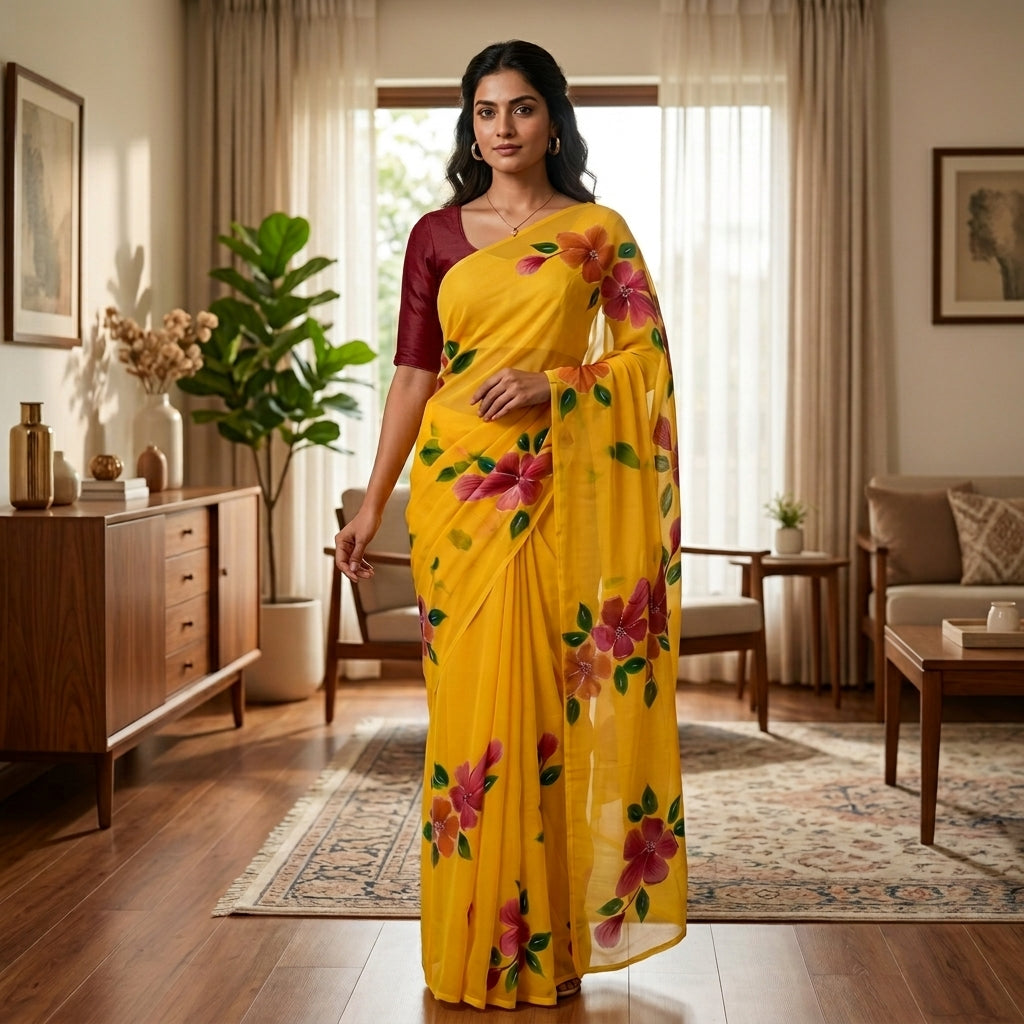 Bright Yellow Floral Handmade Madhubani Painting Saree with Blouse