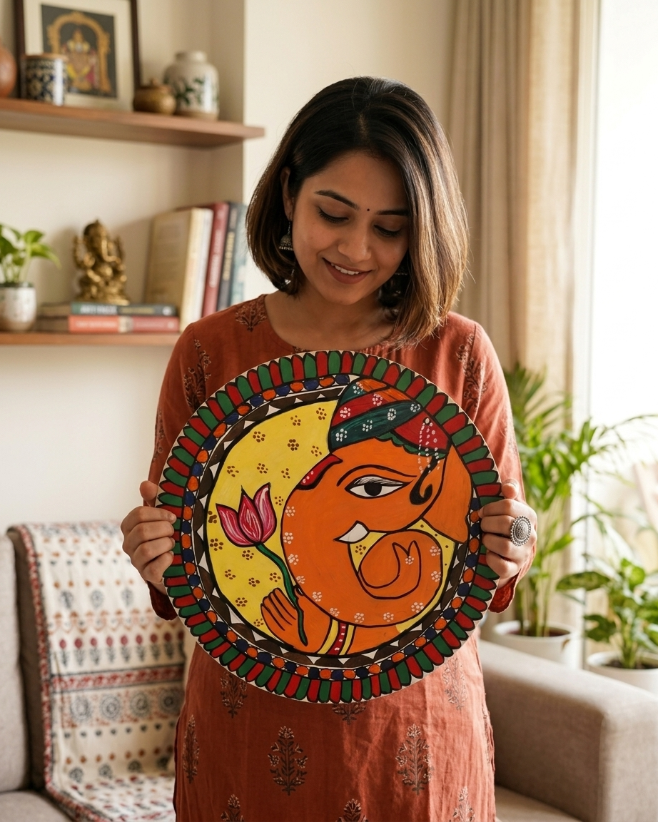 Handmade Ganesha Madhubani Painting Wall Art MDF Board – Traditional Mithila Art Home Decor