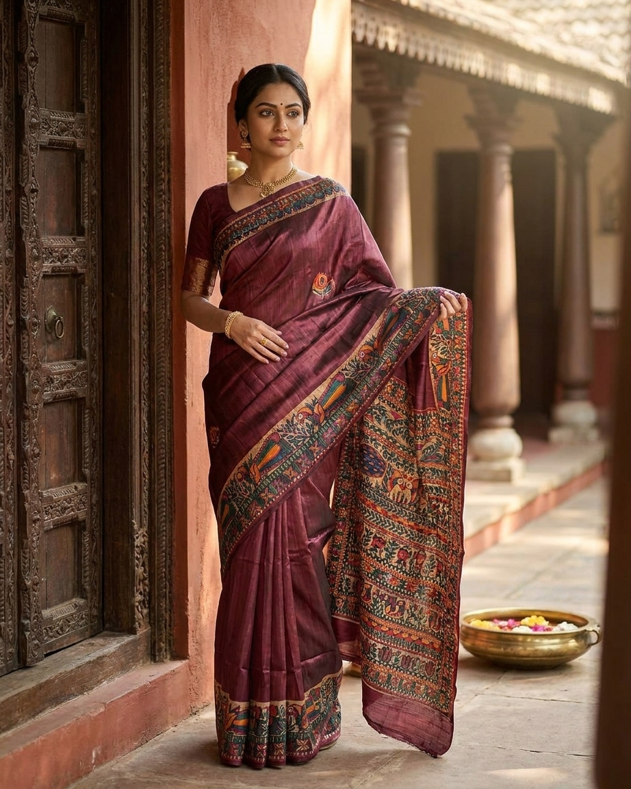 Handmade Madhubani Painting Silk Saree with Blouse | Ethnic Saree for Women