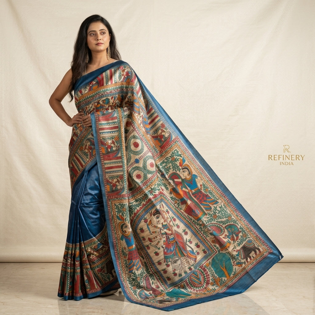 Blue Handmade Madhubani Painting  Saree with Blouse