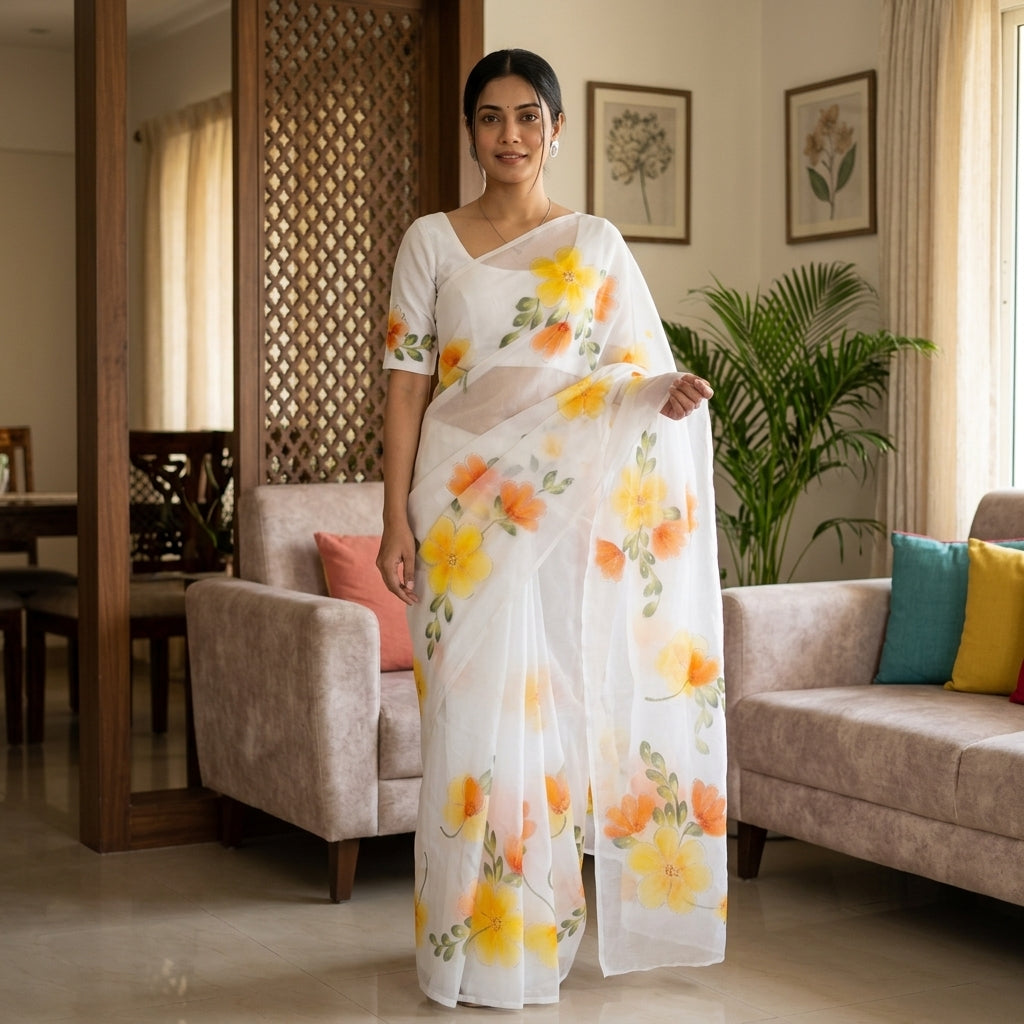 White Floral Handmade Madhubani Painting Saree with Blouse