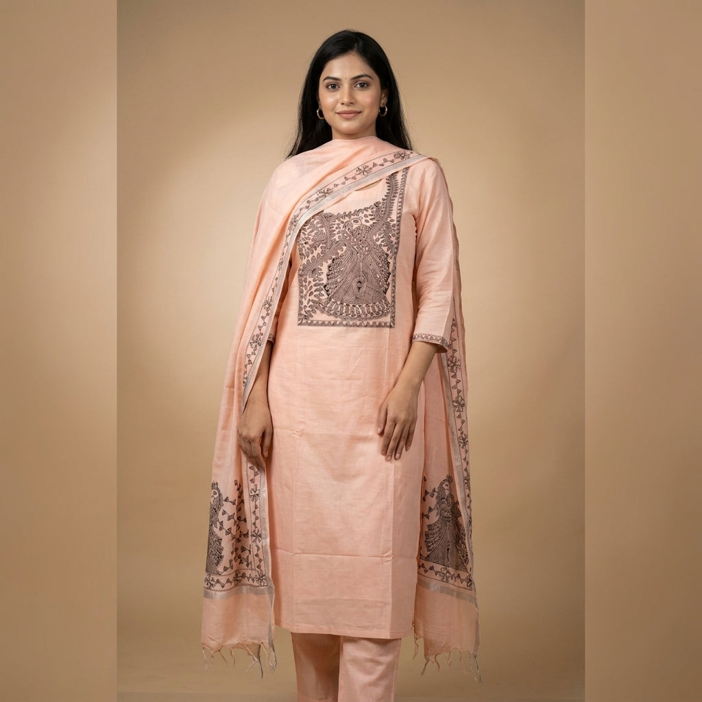 Hand-Painted Madhubani Kurti Plazzo Dupatta Set