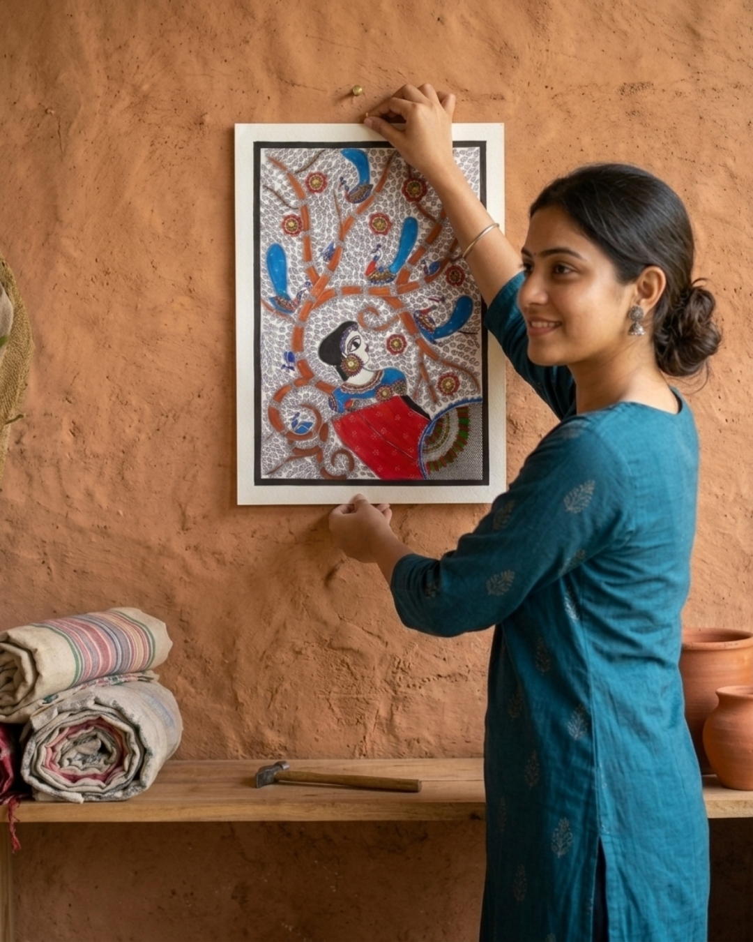 Bharti Mata Madhubani Painting on Handmade Paper (14x22 Inch) – Traditional Mithila Folk Art Wall Decor