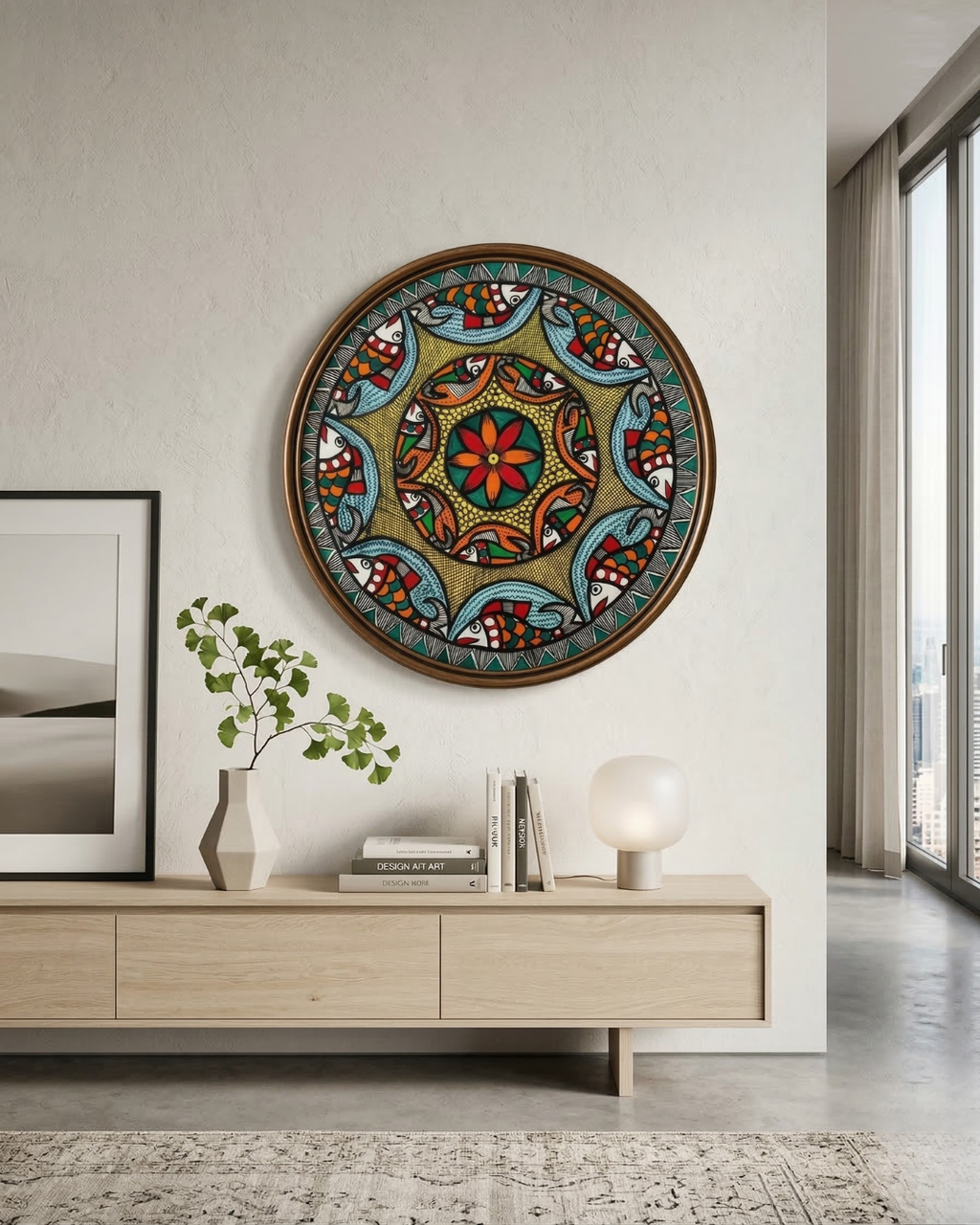 Fish & Lotus Mandala Madhubani Wall Art | 12 Inch MDF Board