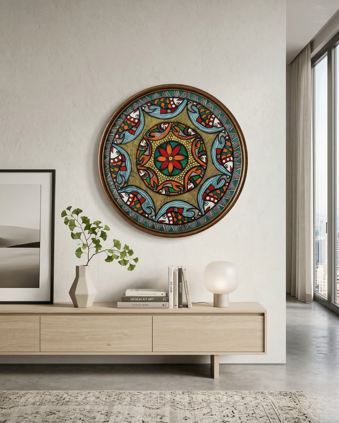 Fish & Lotus Mandala Madhubani Wall Art | 12 Inch MDF Board