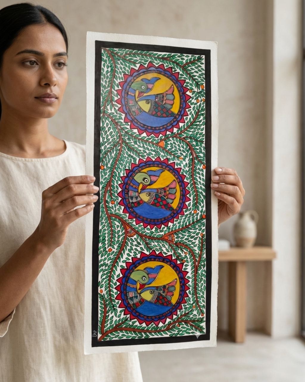 Peacocks and Fish Madhubani Painting on Handmade Paper (11x28 Inch) – Traditional Mithila Folk Art Wall Decor