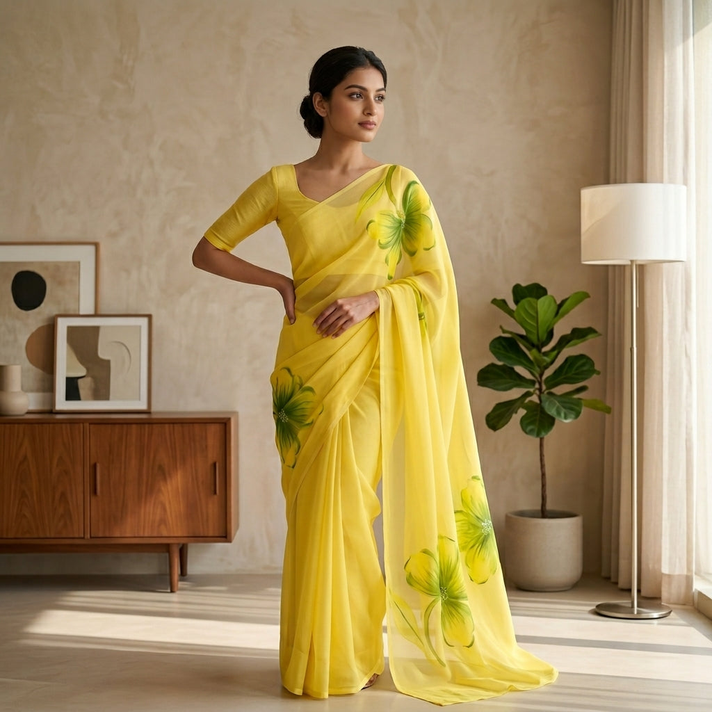 Lemon Yellow Floral Handmade Madhubani Painting Saree with Blouse – Handcrafted Mithila Art