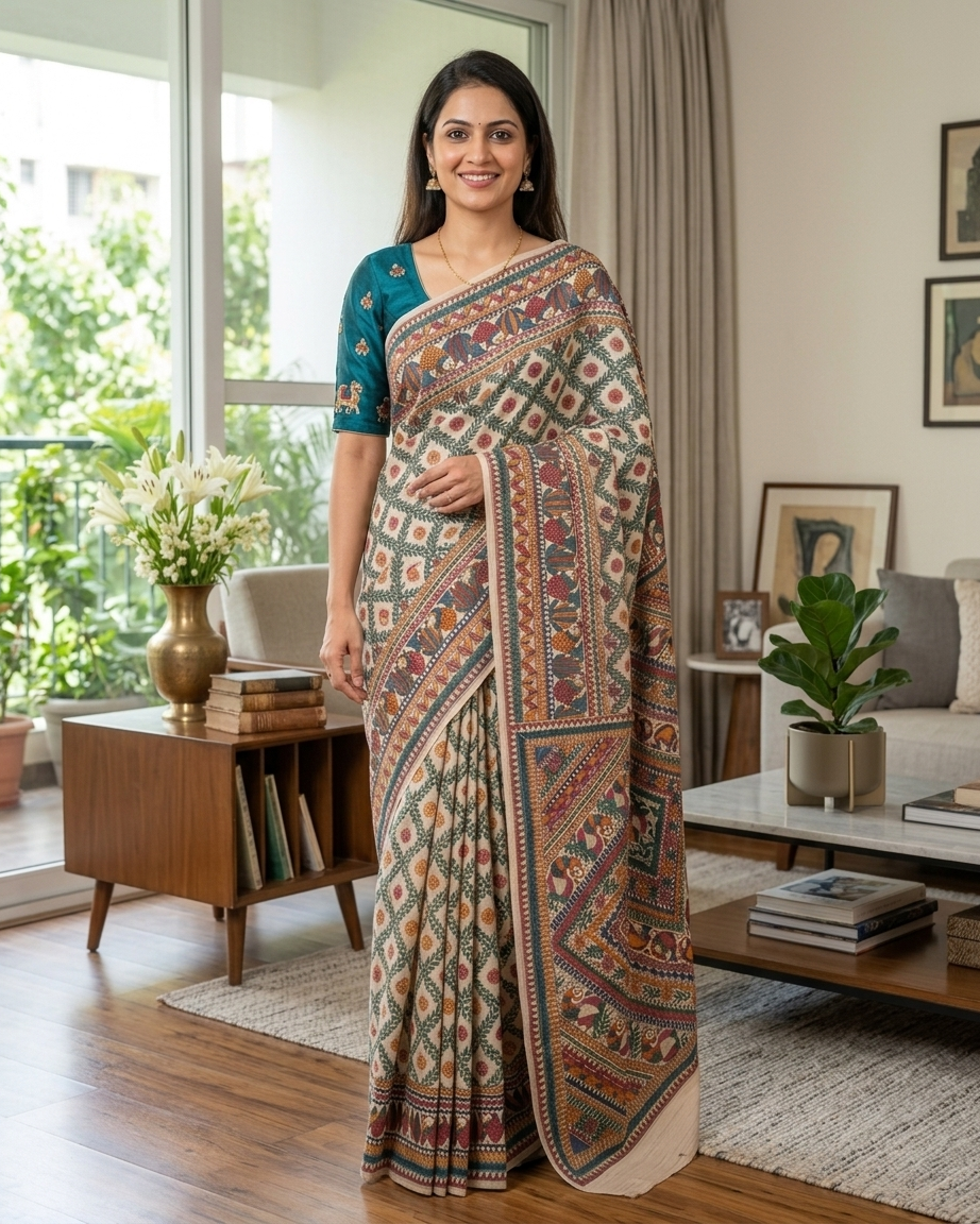 Handmade Madhubani Painting Saree with Blouse | All Over Hand-Painted Ethnic Saree