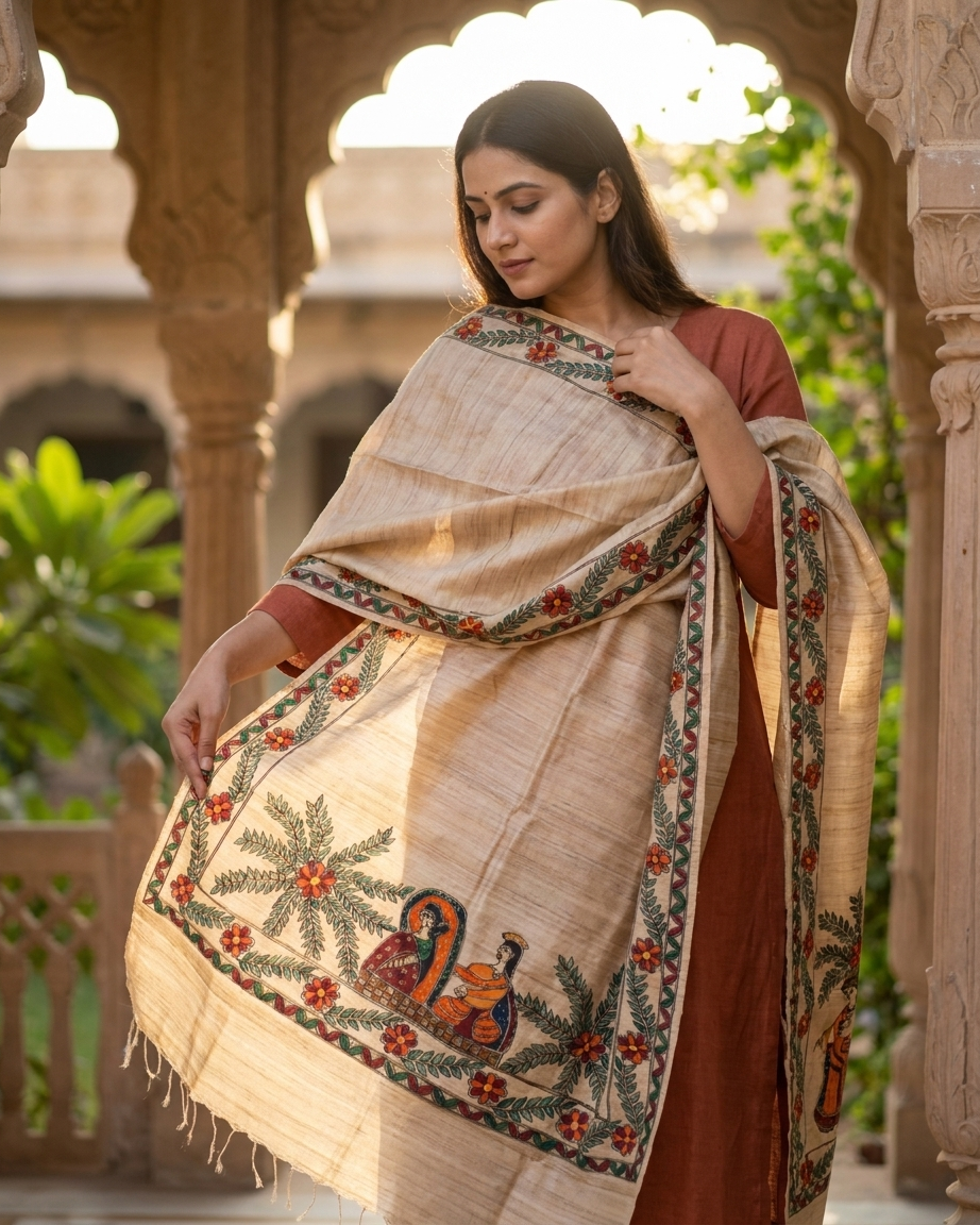 Handmade Madhubani Painting Dupatta Ethnic Wear | Traditional Designer Dupatta for Women