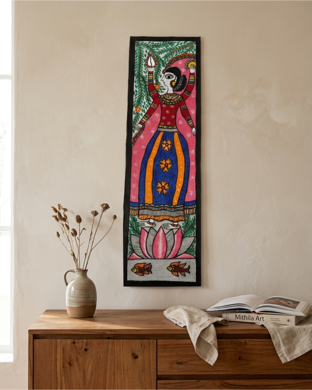 Mata Laxmi Madhubani Painting on Handmade Paper (10x30 Inch) – Traditional Mithila Folk Art Wall Decor