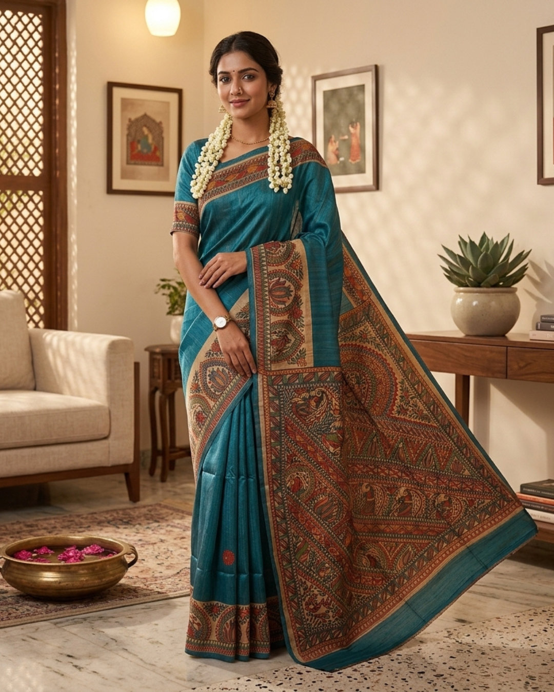 Blue Handmade Madhubani Painting  Saree with Blouse