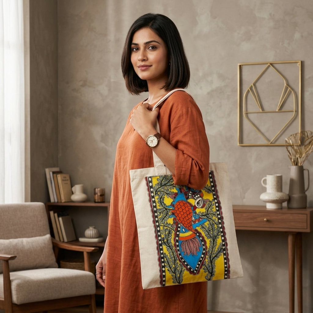 Handcrafted Madhubani Painting Tote Bag –  Eco-Friendly Shopping & Everyday Carry Bag